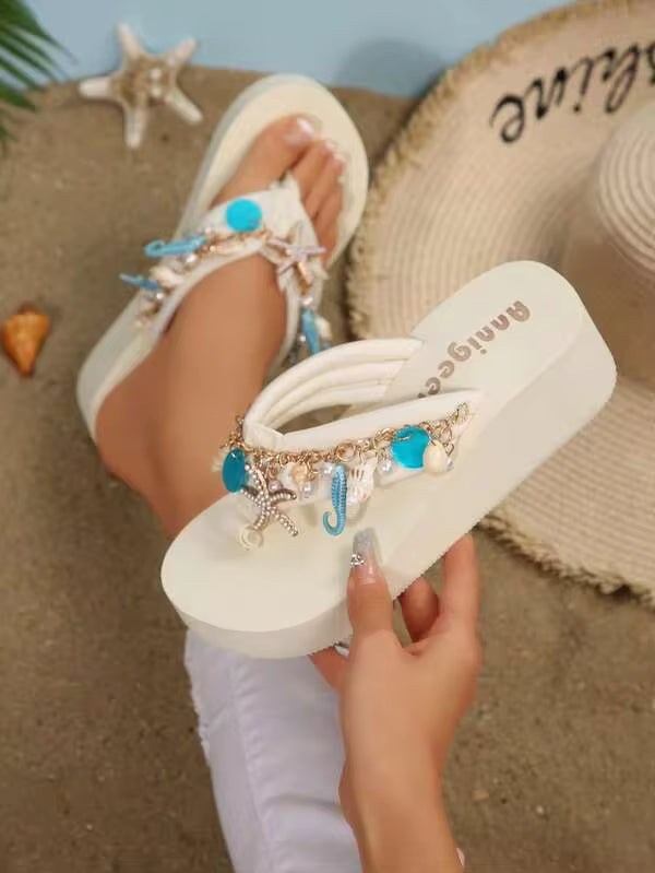 Spring/Summer EVA Platform Wedge Bohemian Beach Slippers, Decoration With Chain And Shell Details For Women, Vacation Holiday,Flip Flops